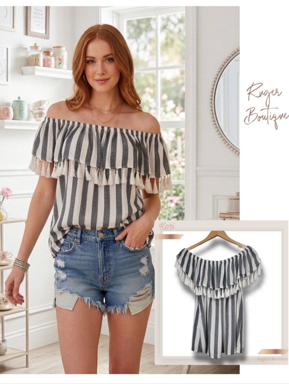 🌿Kori America Women's Med/Lg Gray & White Striped Off-Shoulder Tassel Trim Top
